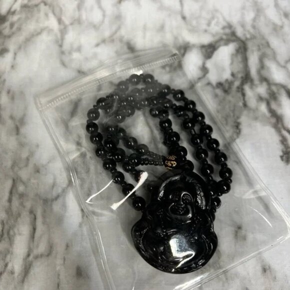 JADE obsidian Black Hand Carved Maitreya Buddah Pendant Necklace - Picture 7 of 7